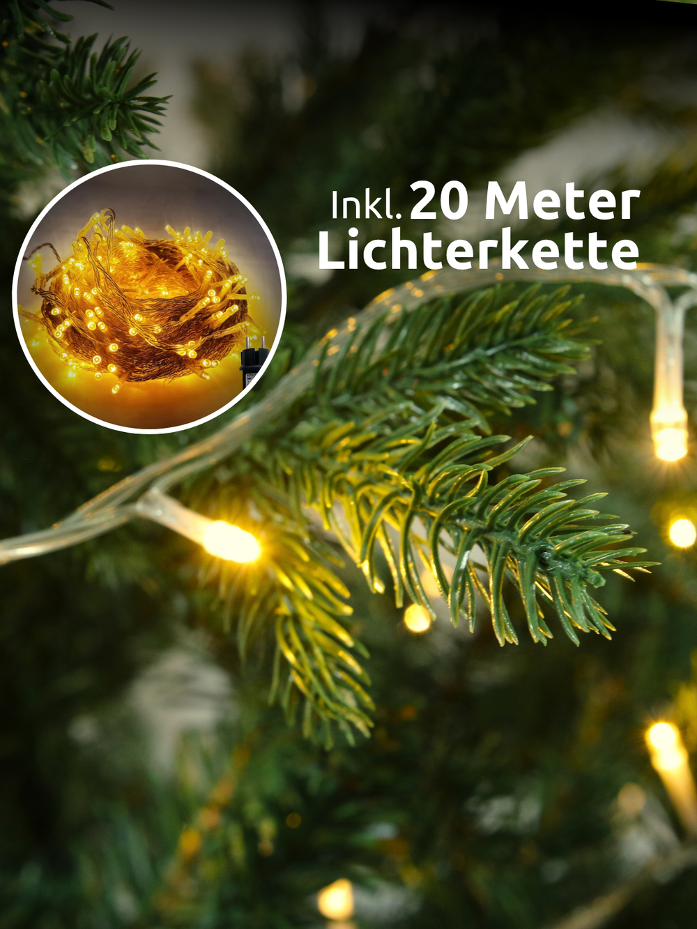 Close-up van groene dennentakken met warmwit lichtsnoer, in de levering 20 meter lichtsnoer