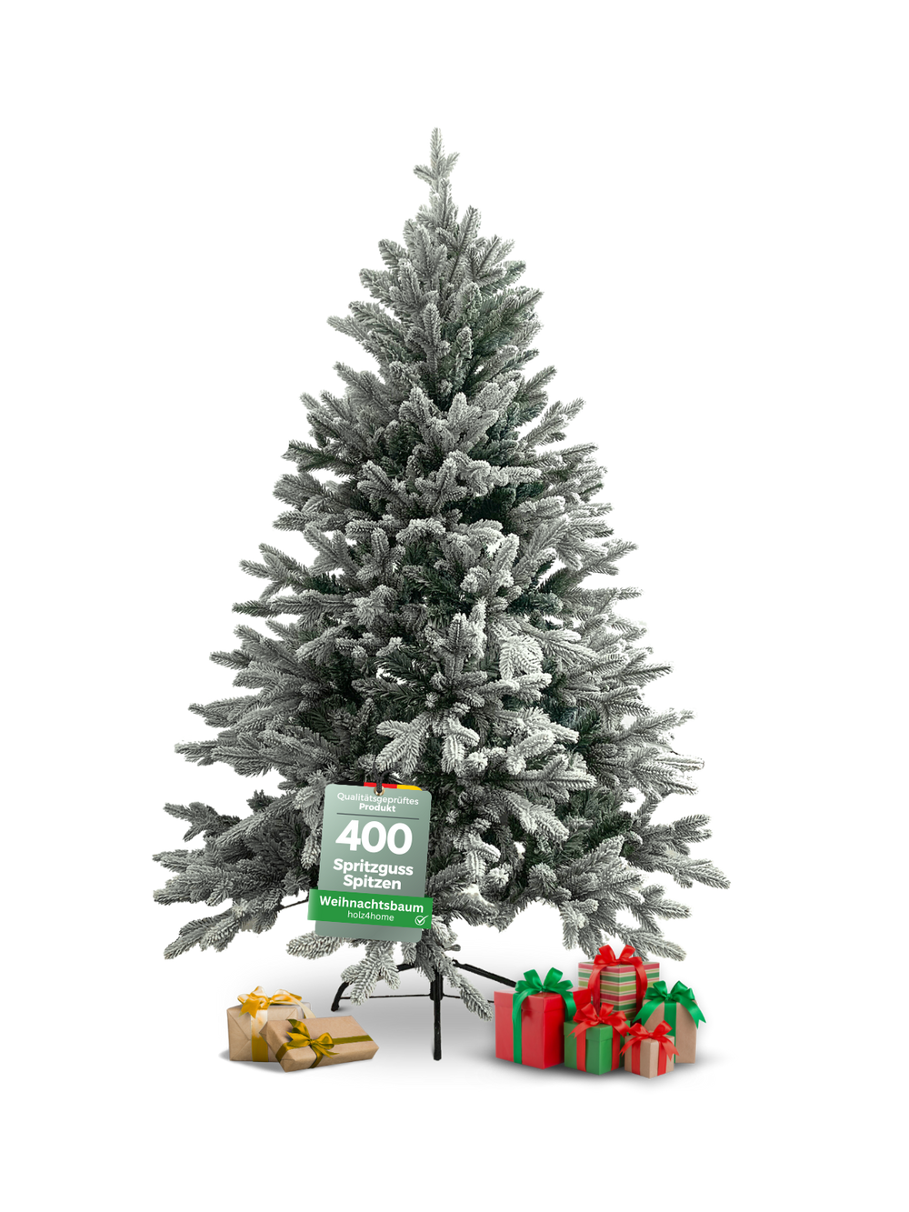 Kunstkerstboom met sneeuweffect en 400 spuitgietpunten op een metalen voet, 160 cm hoog