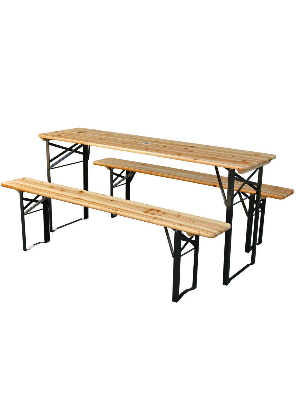 Klassieke bierbankset van licht vurenhout met inklapbare tafel en twee zitbanken zonder rugleuning