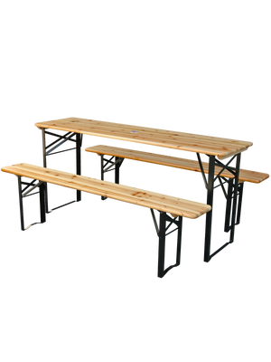 Klassieke bierbankset van licht vurenhout met inklapbare tafel en twee zitbanken zonder rugleuning