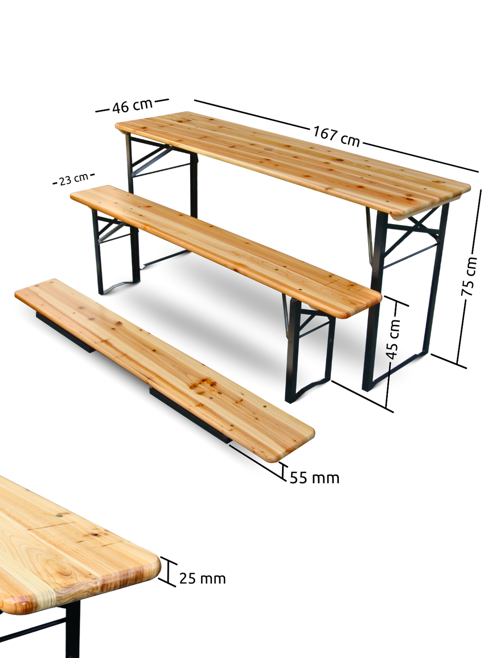 Maattekening van de klassieke bierbankset met tafel 167 x 46 cm en banken 117 x 23 cm, hoogte 75 cm