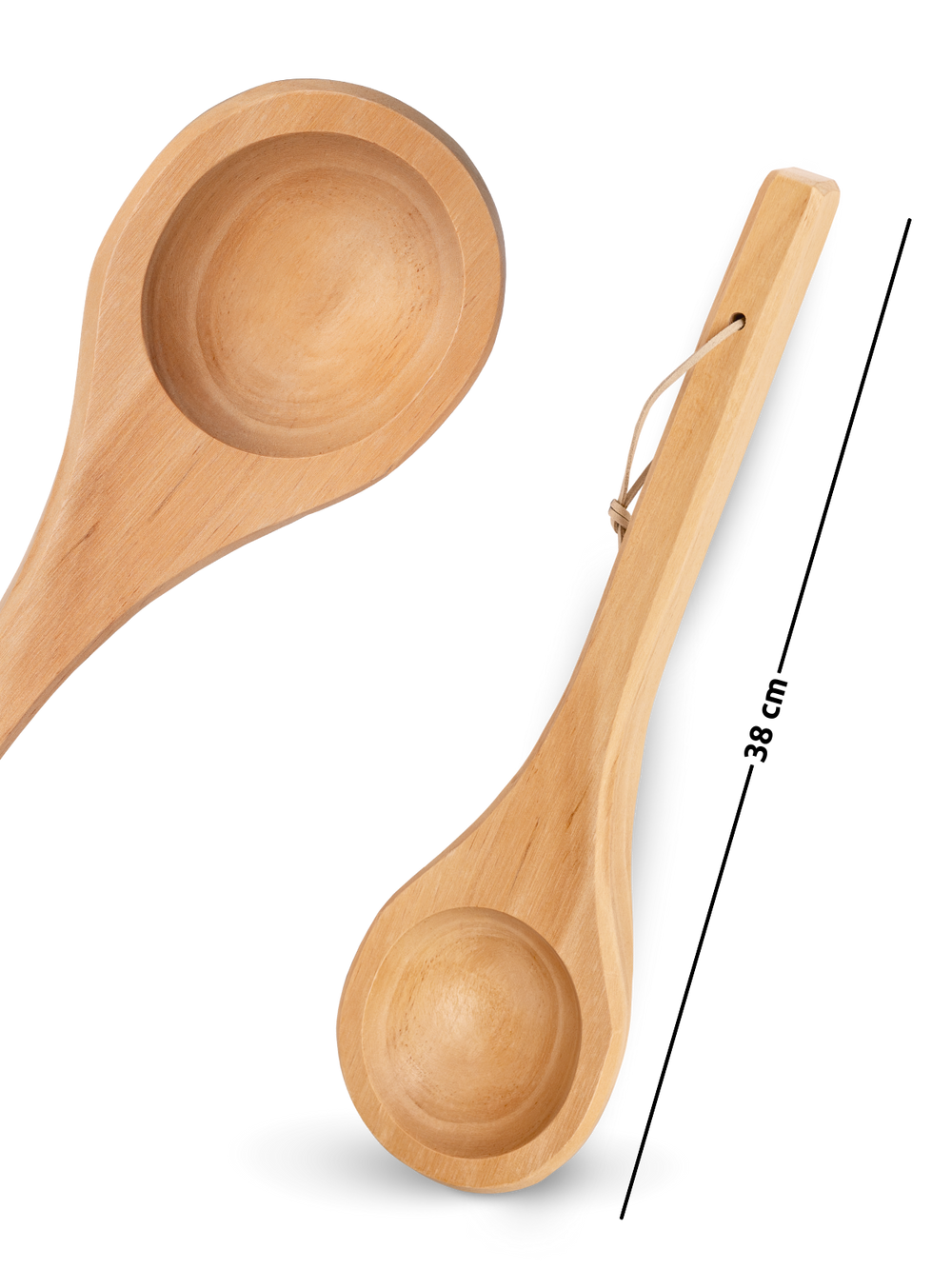 Schepper van licht hout met diepe kom en een lengte van 38 cm, in twee aanzichten