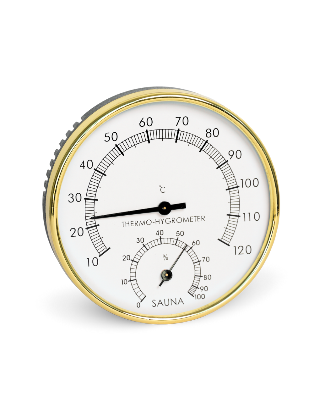Sauna-thermohygrometer met gouden lijst voor het aflezen van temperatuur en luchtvochtigheid