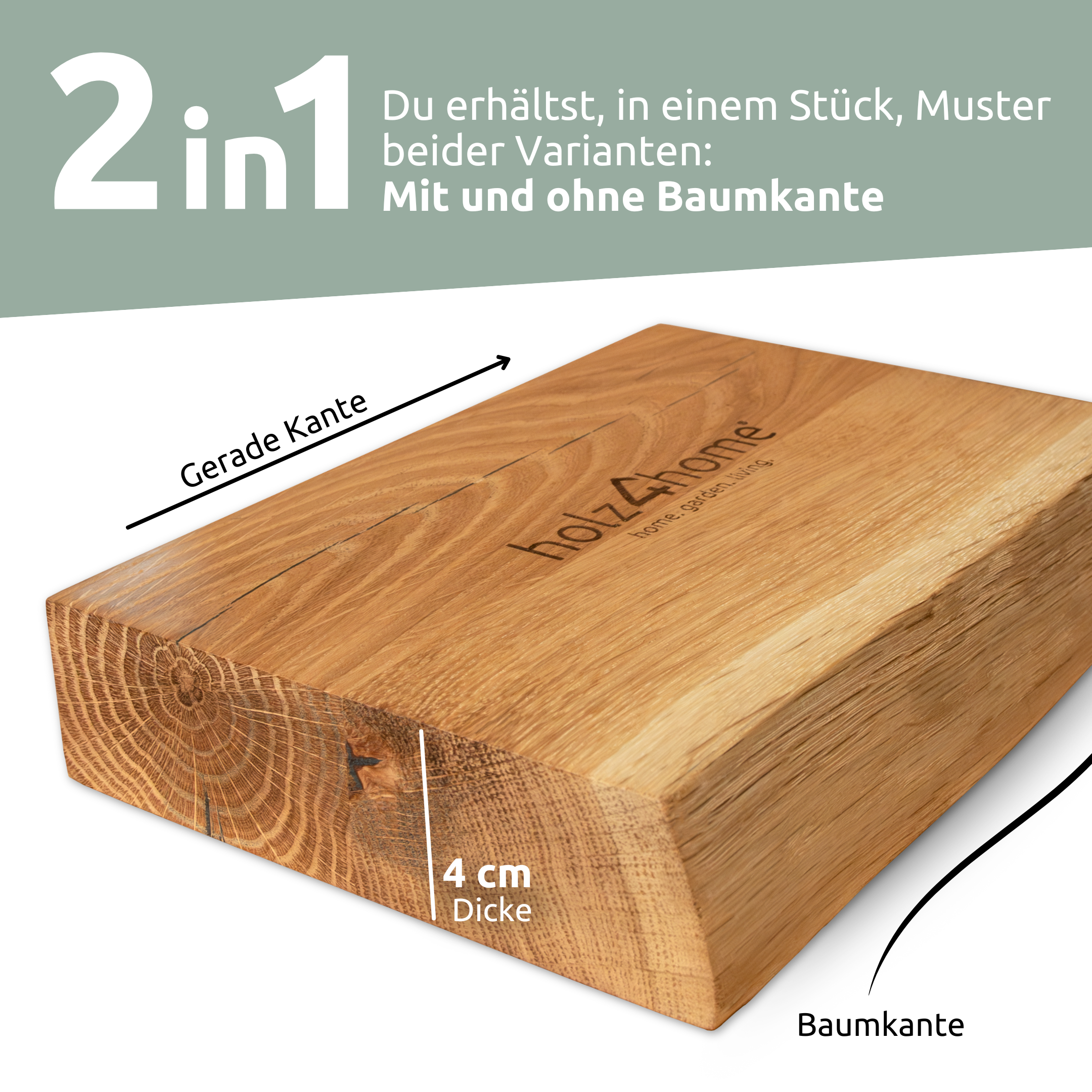 Eikenhouten monster met rechte rand en boomstamrand toont beide tafelbladvarianten in 4 cm dikte
