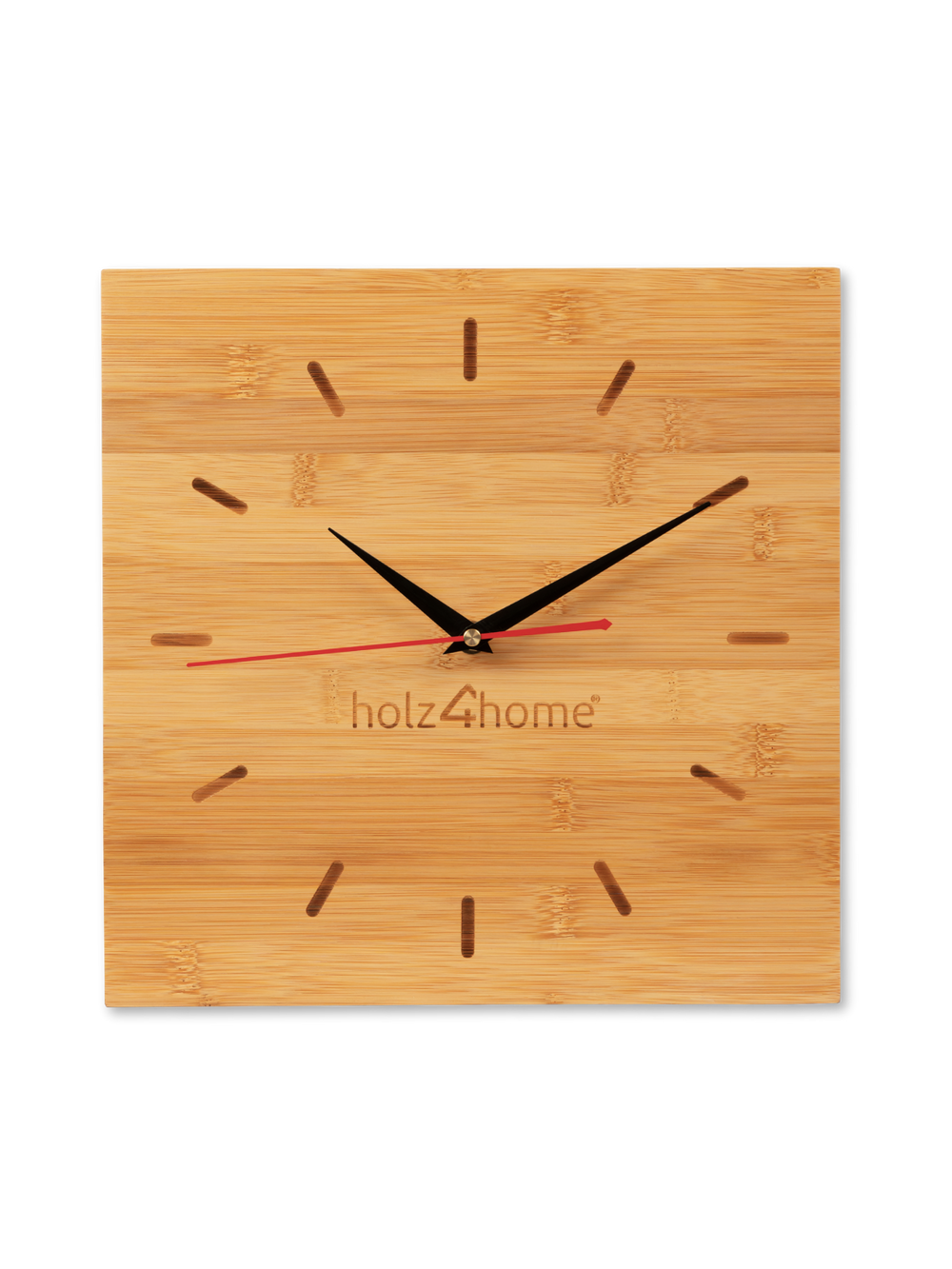Wandklok van bamboe, vierkant, vooraanzicht met holz4home-gravure