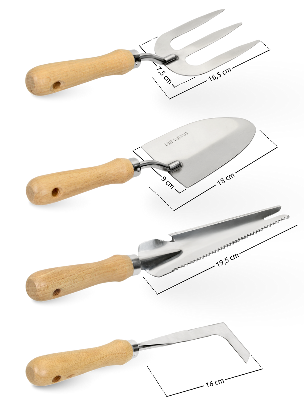 Afmetingen van de vier tuingereedschappen van rvs met bladlengtes tussen 16 en 19,5 cm