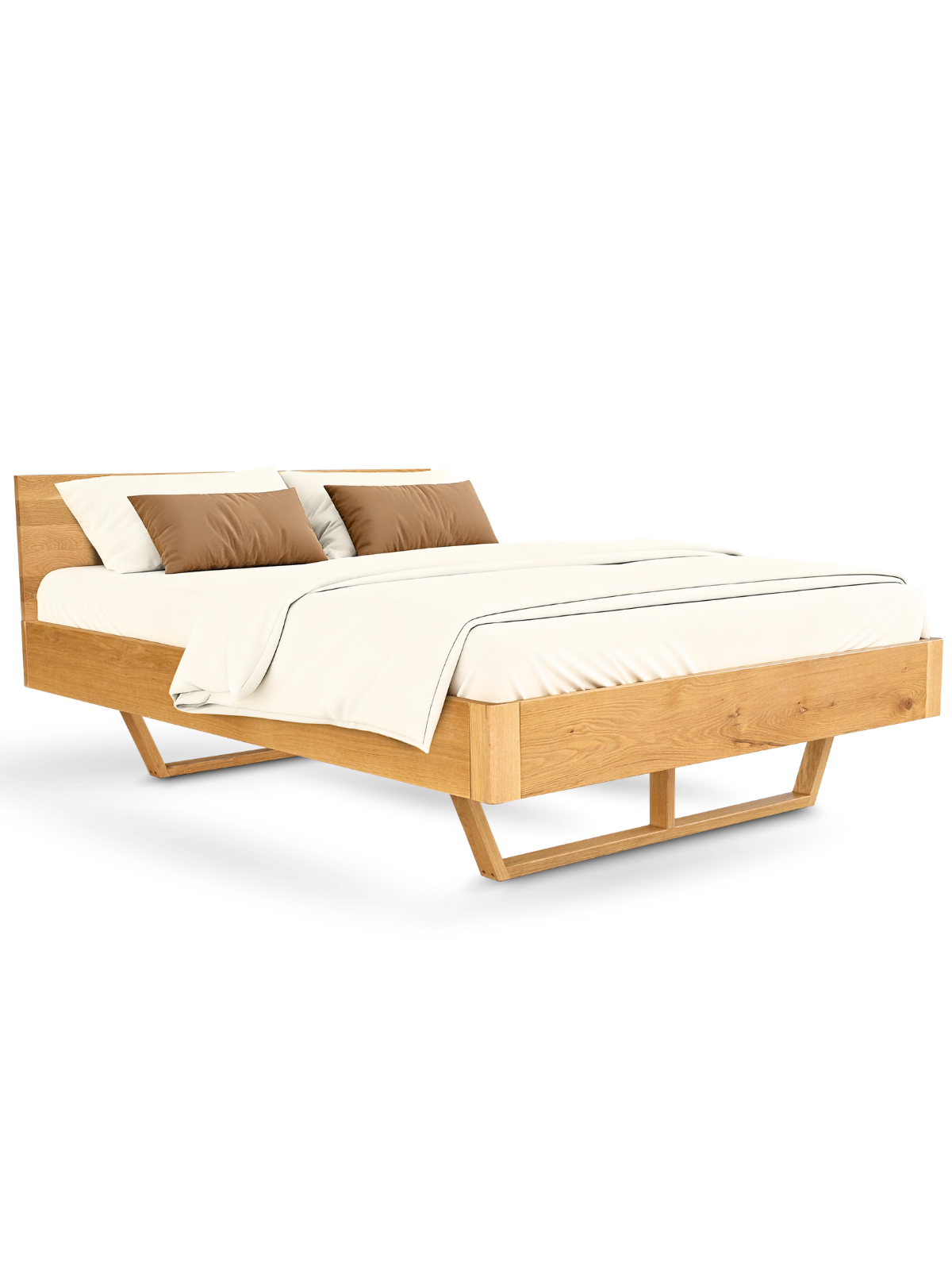 Massief houten bed van eiken met gebogen hoofdbord en afgeronde sledepoten, opgemaakt met beddengoed