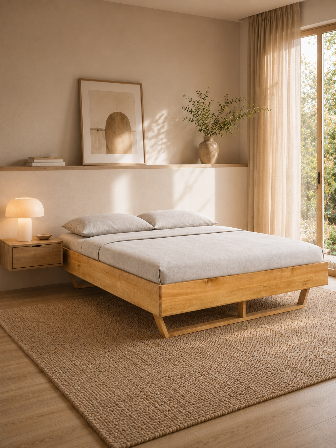 Massief houten bed Light van eiken in een lichte slaapkamer met wandrek, lamp en kamerplant