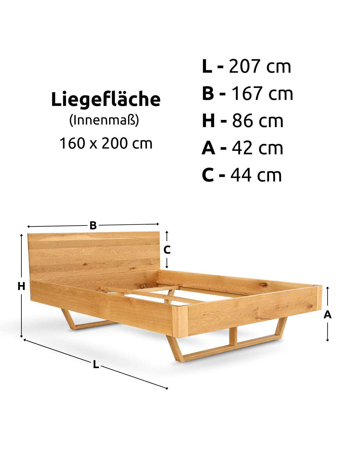 Maattekening van het massief houten bed van eiken, ligvlak 160 x 200 cm en frame 207 x 167 cm
