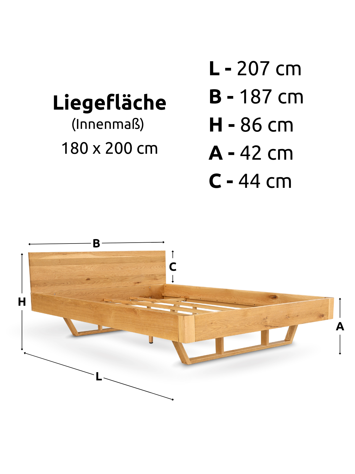 Maattekening van het massief houten bed van eiken, ligvlak 180 x 200 cm en frame 207 x 187 cm