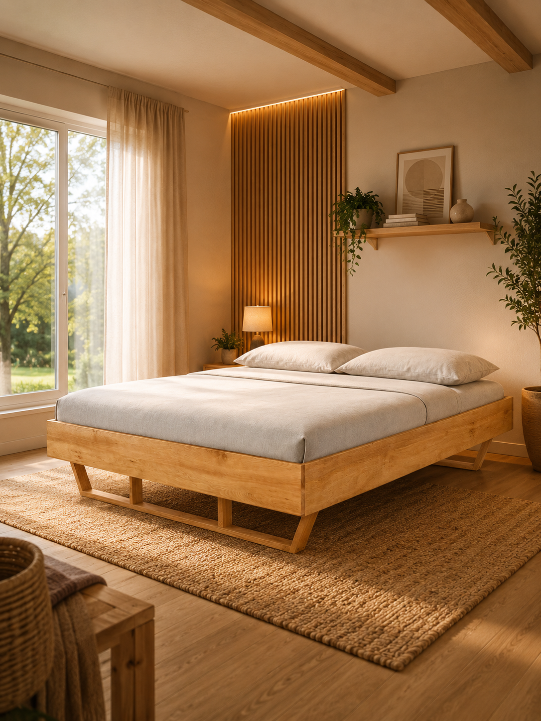 Massief houten bed Light van eiken als groot tweepersoonsbed in een slaapkamer met houten lattenwand en leeslamp