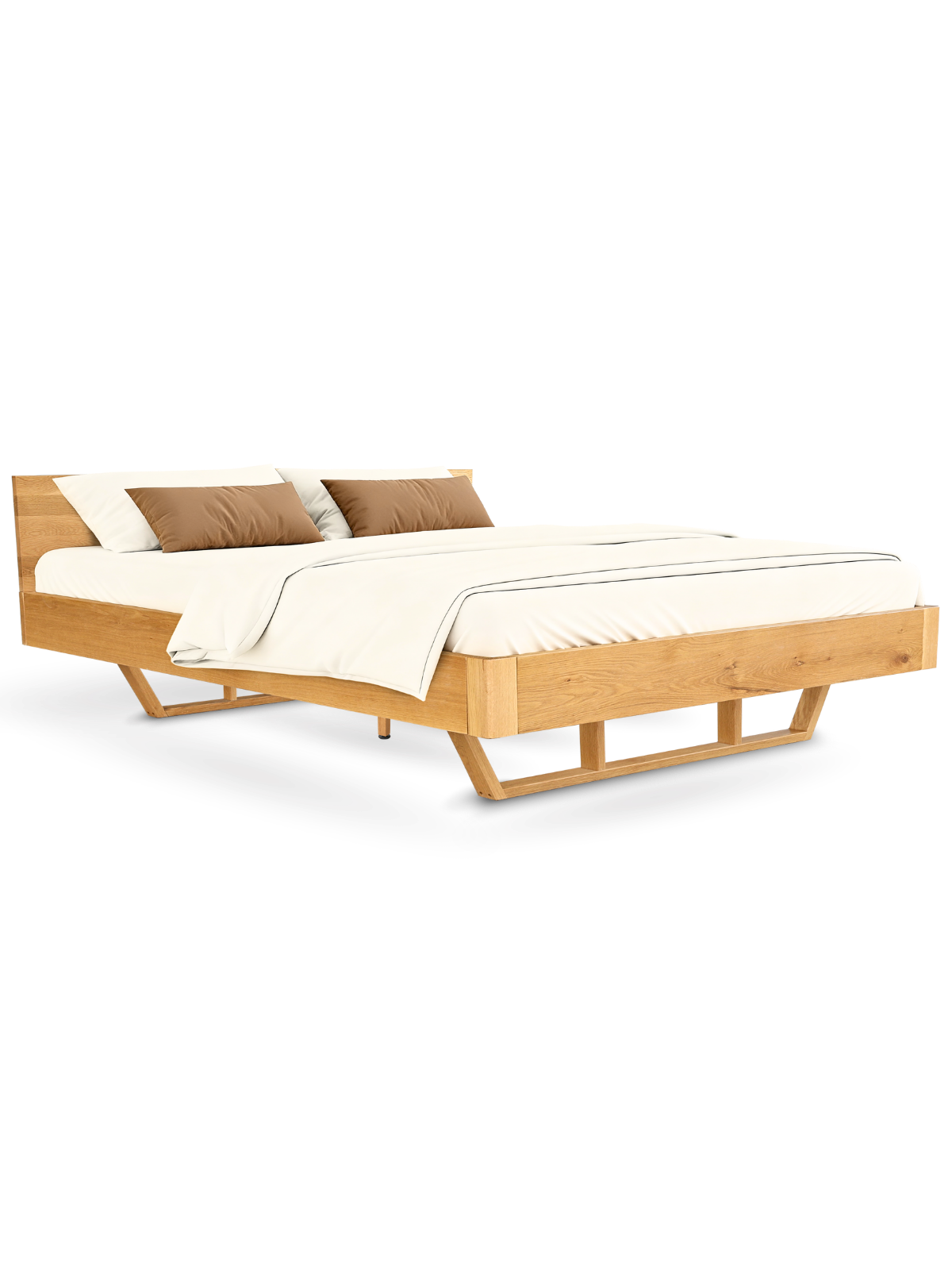 Massief houten bed van eiken met hoofdbord en gebogen houten sledepoten, opgemaakt met licht beddengoed