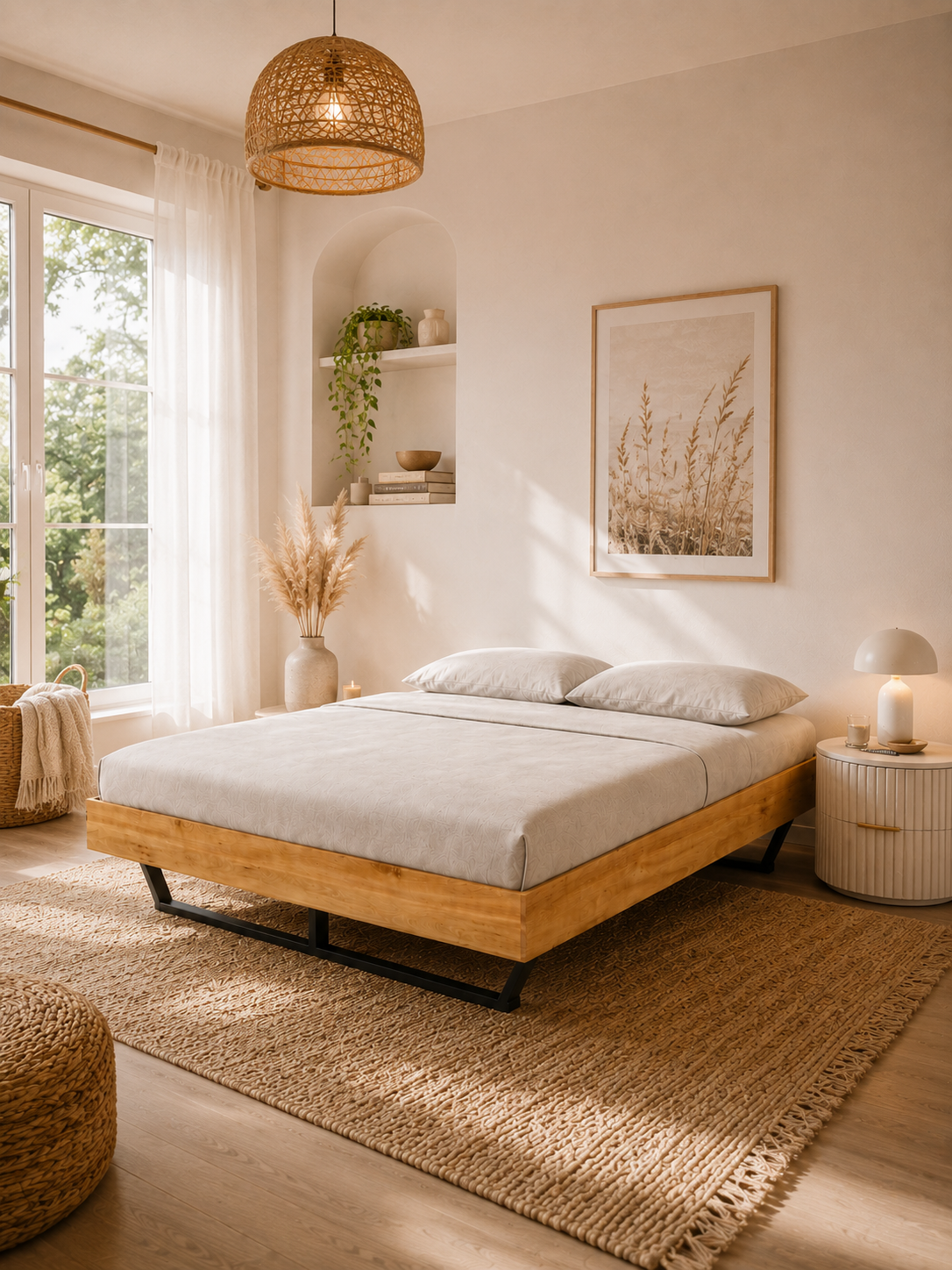 Massief houten bed Metall Light van eiken in een lichte boho-slaapkamer met rattan lamp en pampasgras
