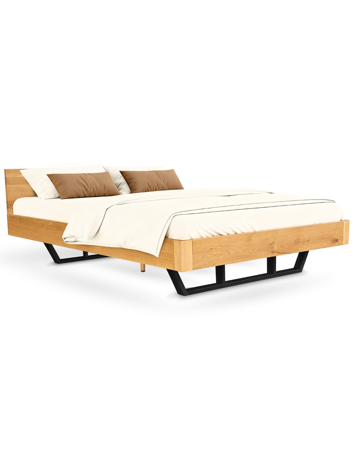 Breed massief houten bed van eiken met zwarte metalen sledepoten als tweepersoonsbed met licht beddengoed
