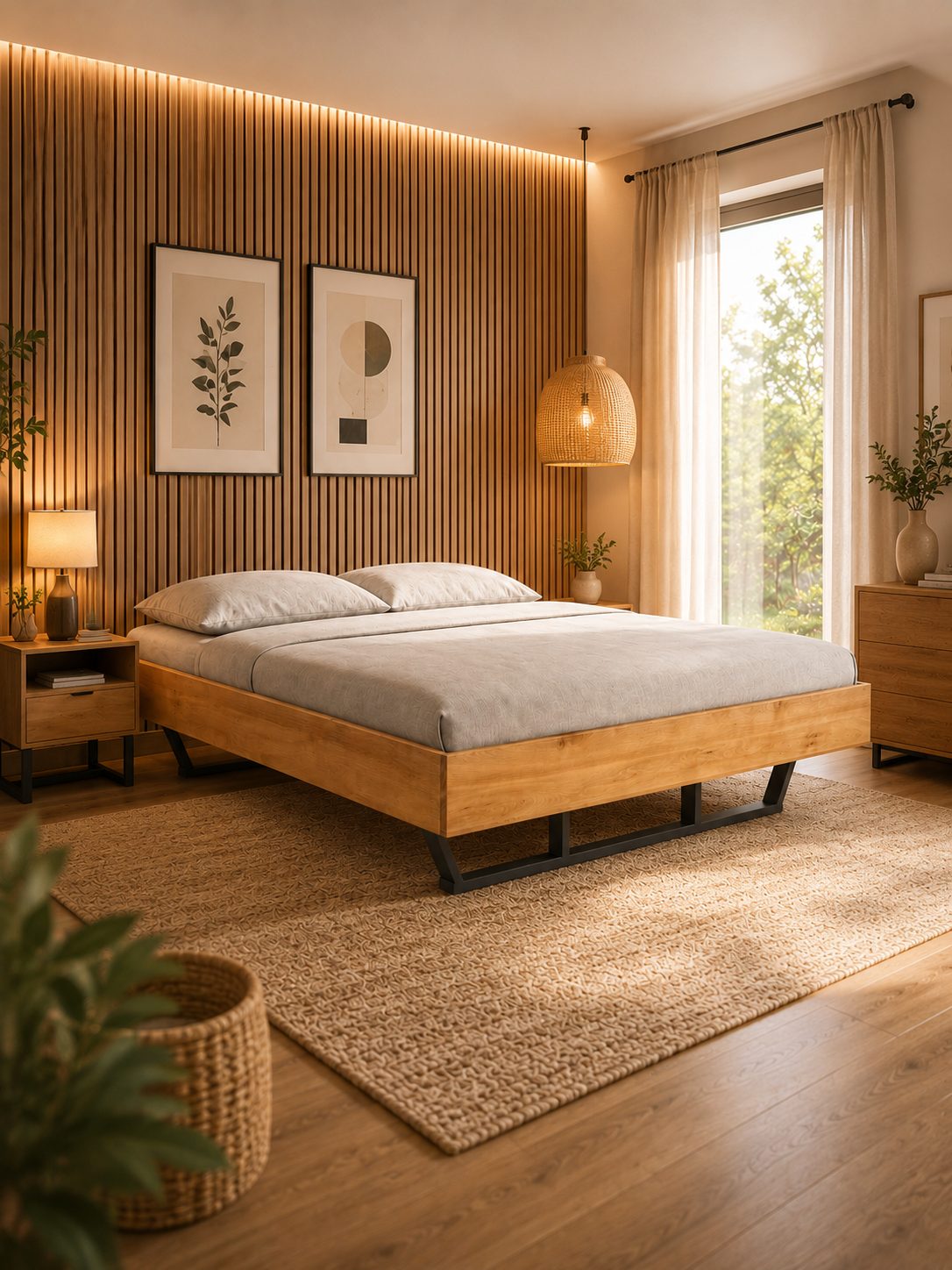 Massief houten bed Metall Light van eiken in een warme slaapkamer met houten lattenwand en nachtkastje