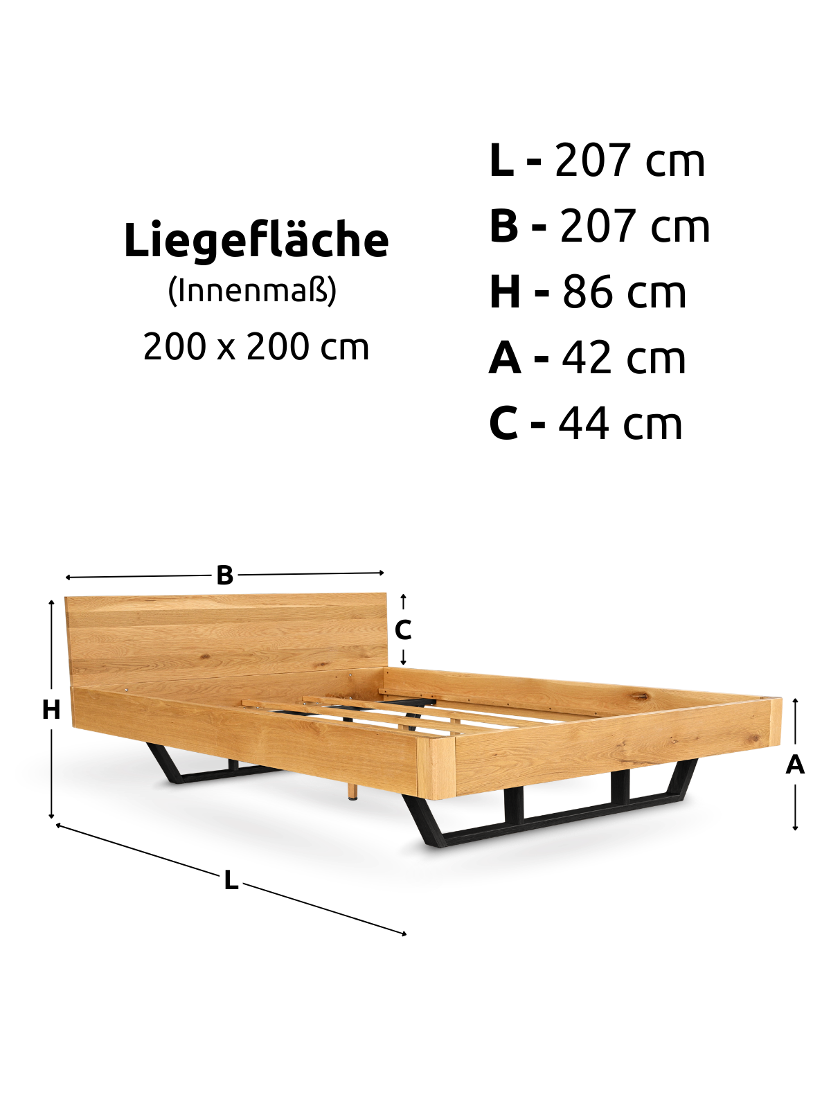 Maattekening van het massief houten bed met metalen onderstel, ligvlak 200 x 200 cm en frame 207 x 207 cm