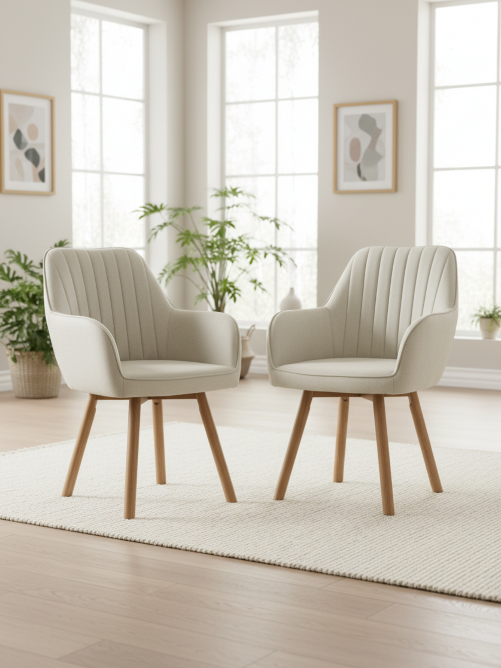 Twee crème eetkamerstoelen met eikenpoten in de lichte woonkamer met kamerplant en fotolijst