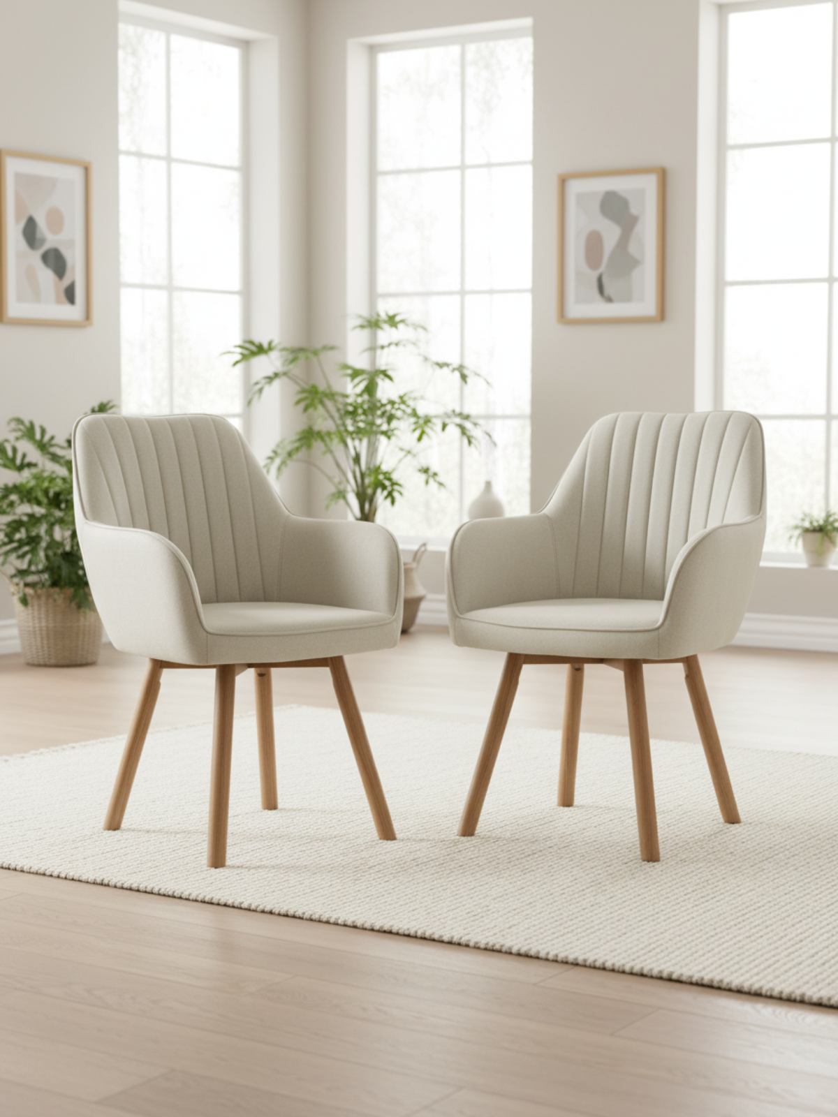Twee crème eetkamerstoelen met eikenpoten in de lichte woonkamer met kamerplant en fotolijst