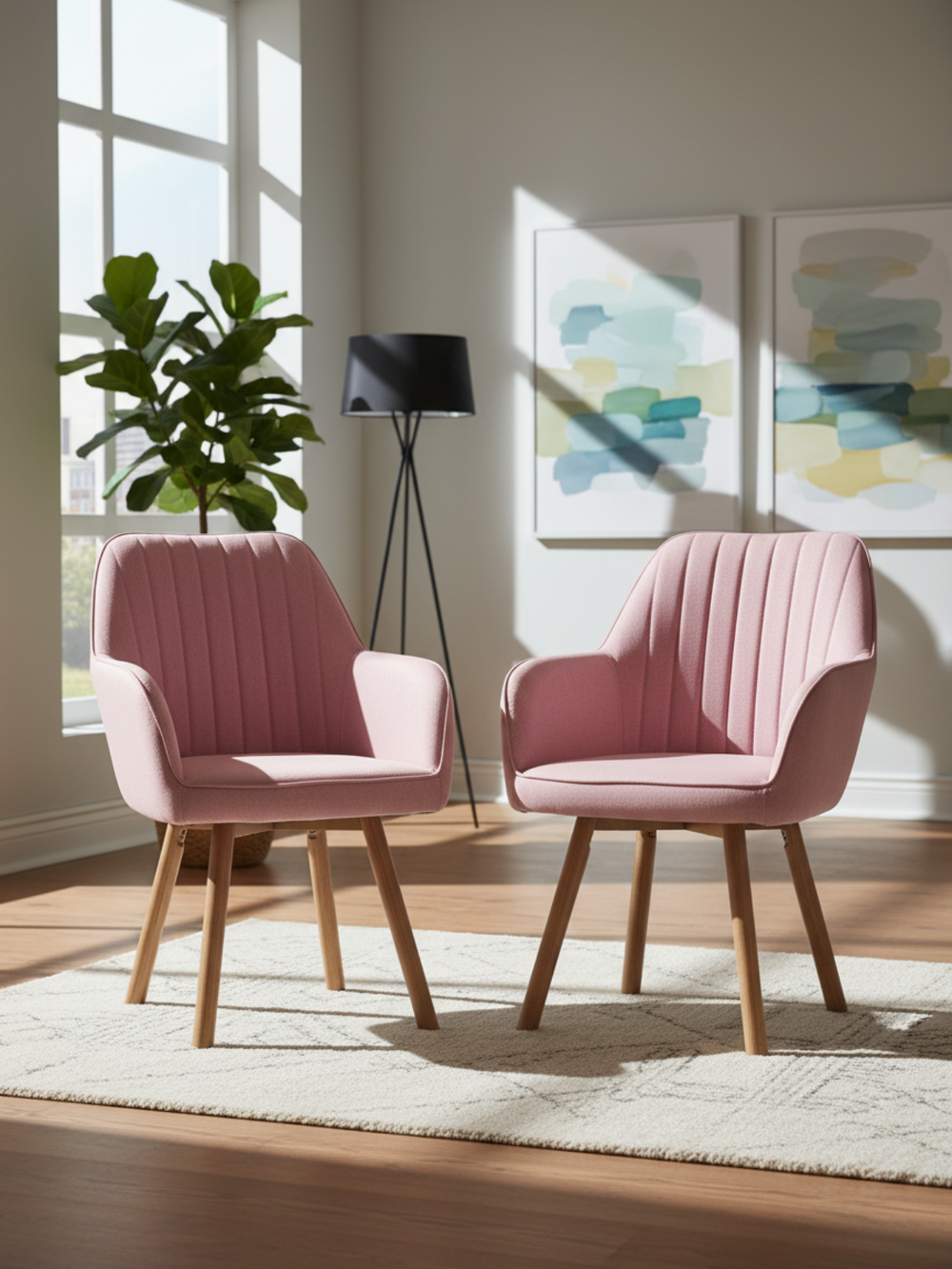 Twee roze eetkamerstoelen met eikenpoten in de zonnige woonkamer met kamerplant en wandschilderijen