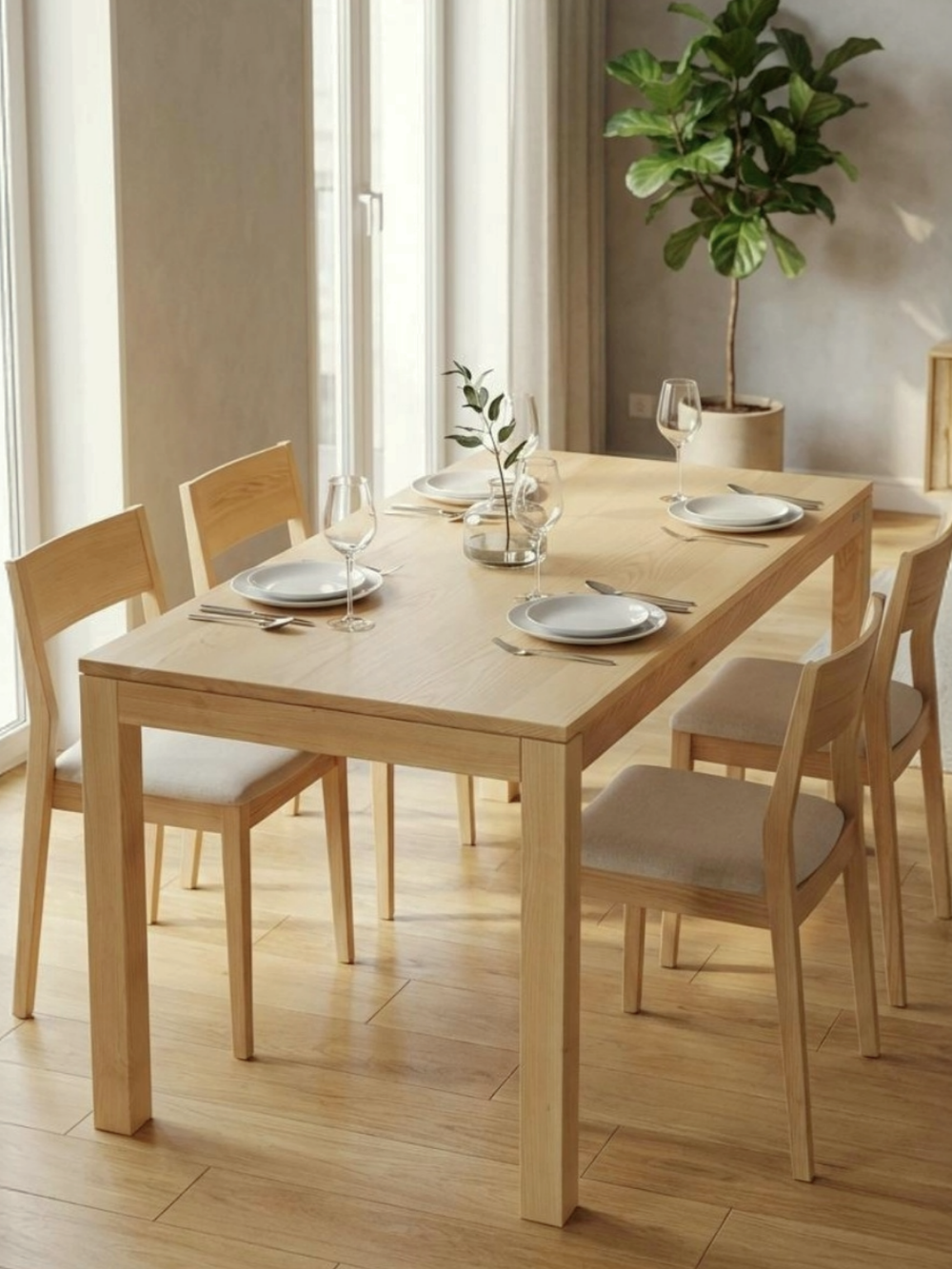 Eettafel van essenhout gedekt met houten stoelen, wijnglazen en groene plant in de lichte eetkamer