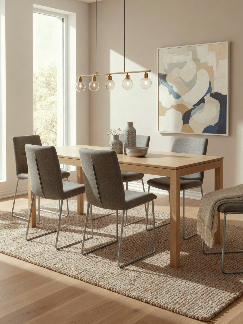 Eettafel van essenhout met grijze gestoffeerde stoelen onder een glazen bol-hanglamp in de lichte eetkamer