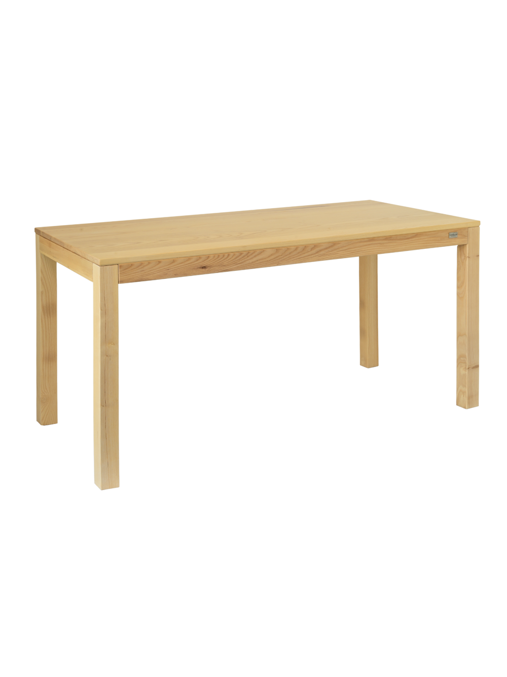 Eetkamertafel van licht essenhout met rechthoekig blad en rechte poten, schuin aanzicht