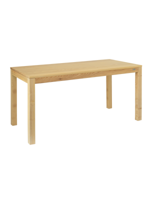 Eetkamertafel van licht essenhout met rechthoekig blad en rechte poten, schuin aanzicht