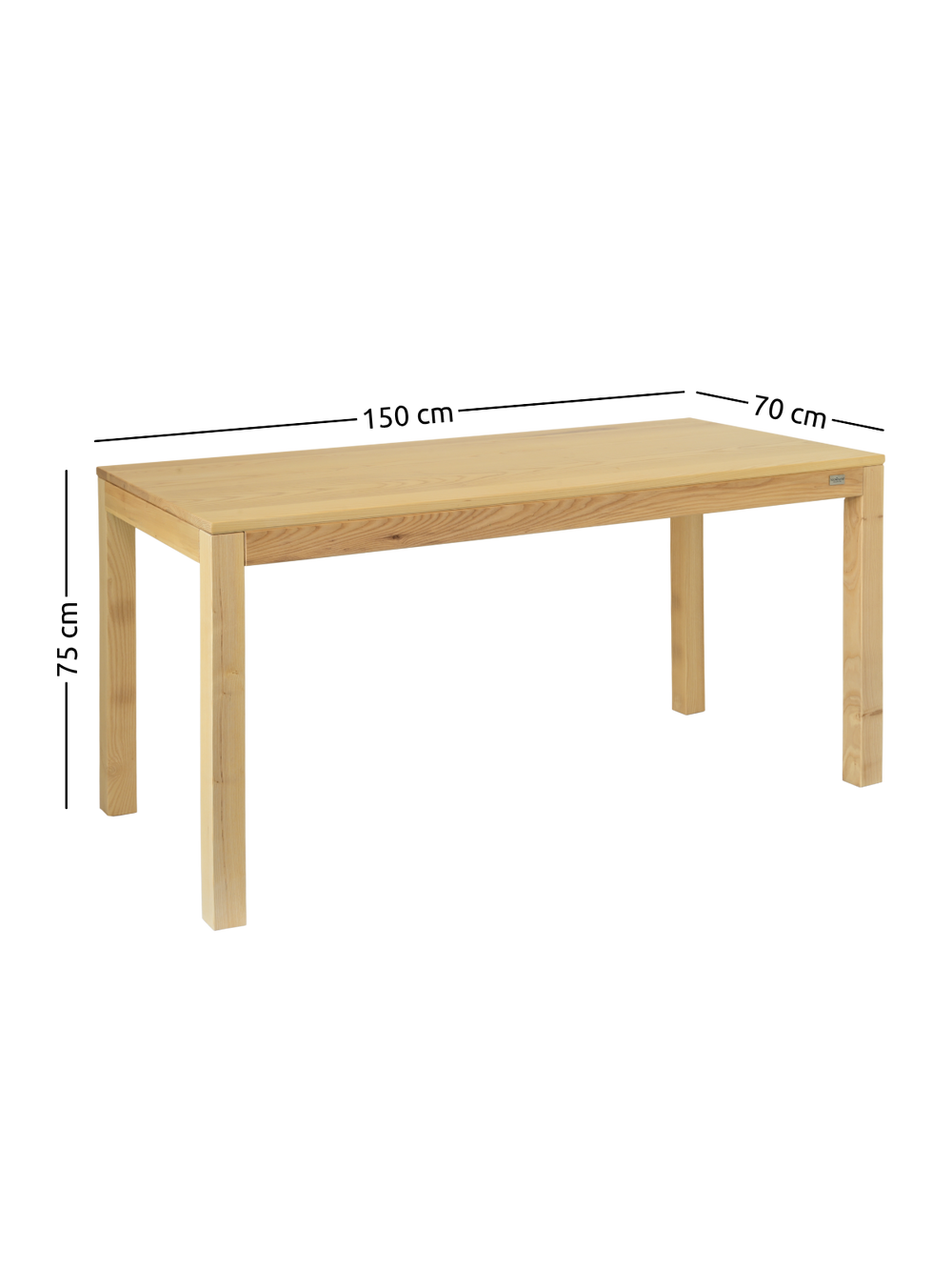 Maattekening van de eetkamertafel van essenhout, 150 cm x 70 cm en 75 cm hoog