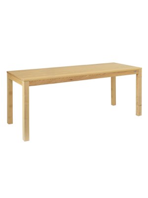 Eetkamertafel van licht essenhout, 180 x 90 cm, met rechthoekig blad en rechte poten, schuin aanzicht