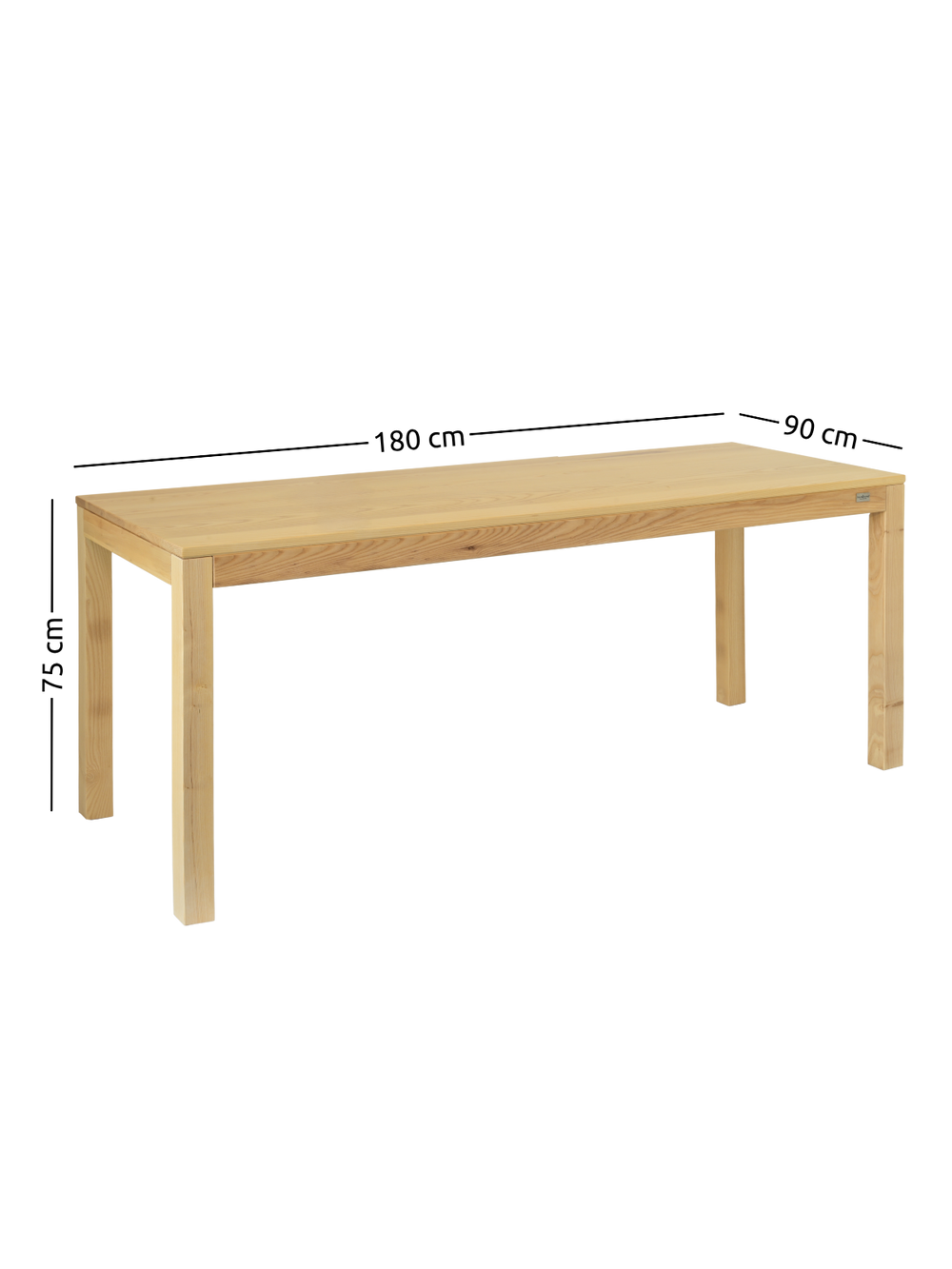 Maattekening van de eetkamertafel van essenhout, 180 cm x 90 cm en 75 cm hoog