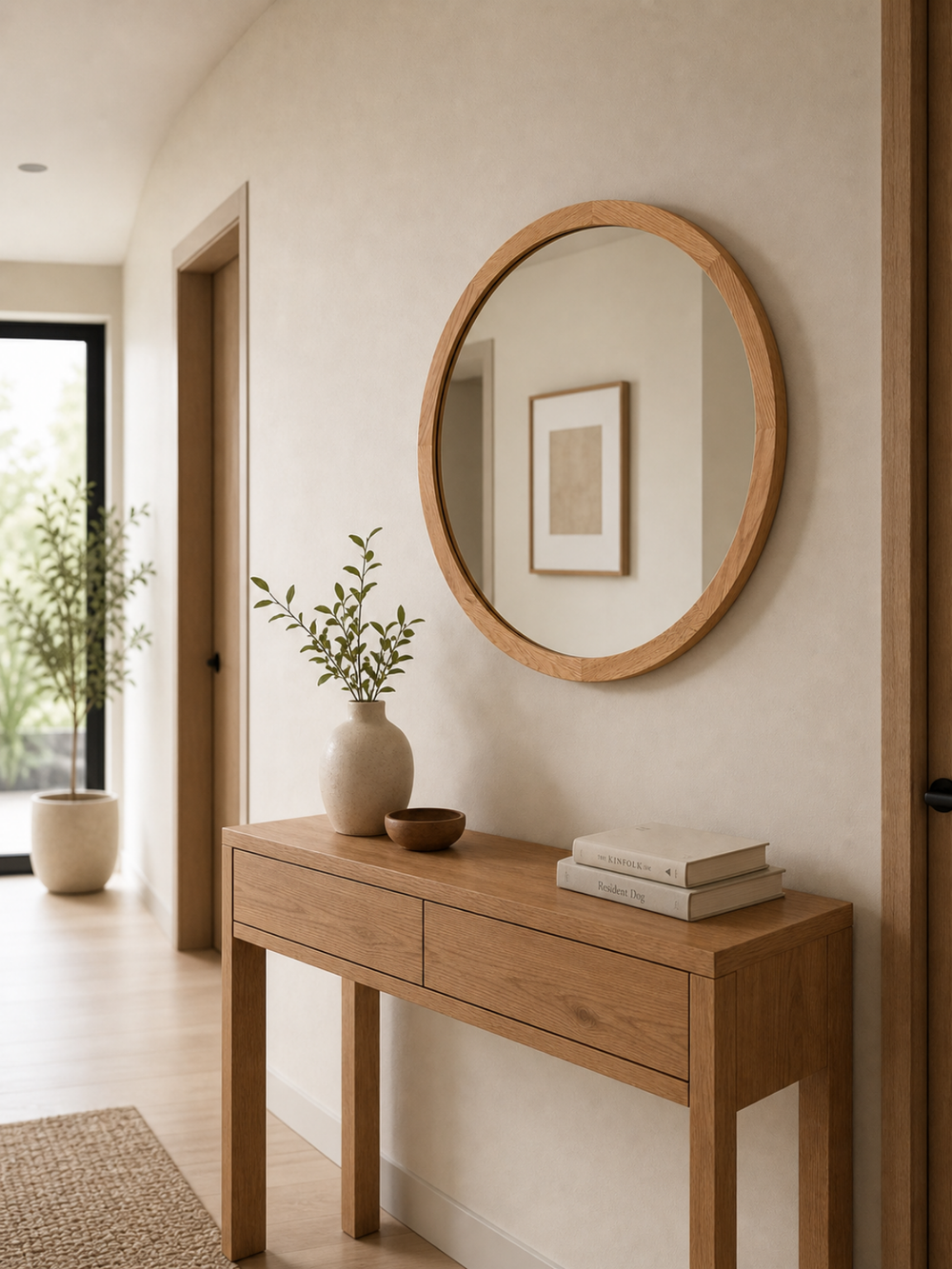 Ronde wandspiegel met eikenhouten lijst boven een consoletafel van hout in de lichte hal
