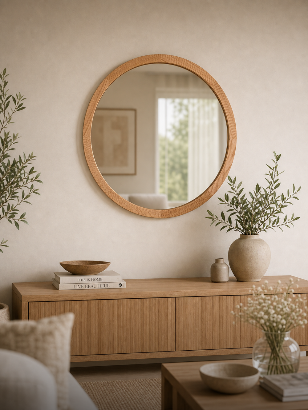 Ronde wandspiegel met eikenhouten lijst boven een sideboard van hout in de lichte woonkamer