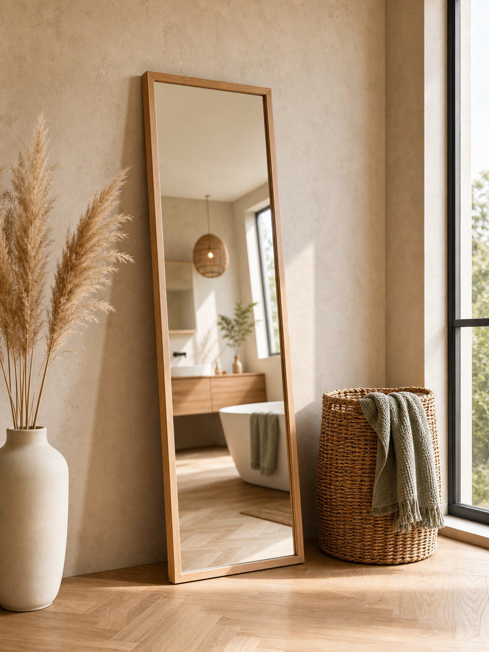 Wandspiegel met eikenhouten lijst tegen een muur in de badkamer naast pampasgras en wasmand