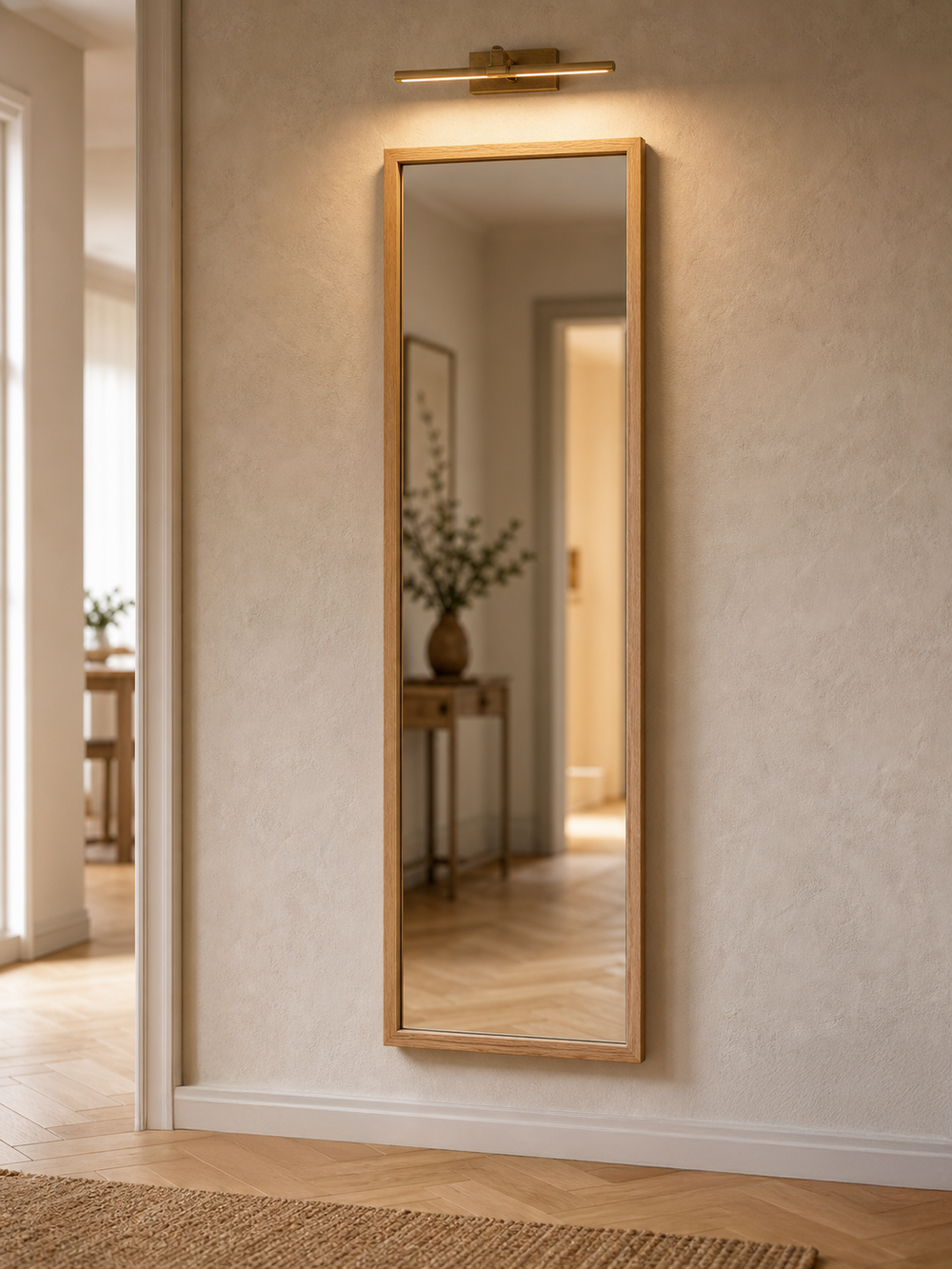 Wandspiegel met eikenhouten lijst aan een lichte gangmuur boven een consoletafel met vaas en wandlamp