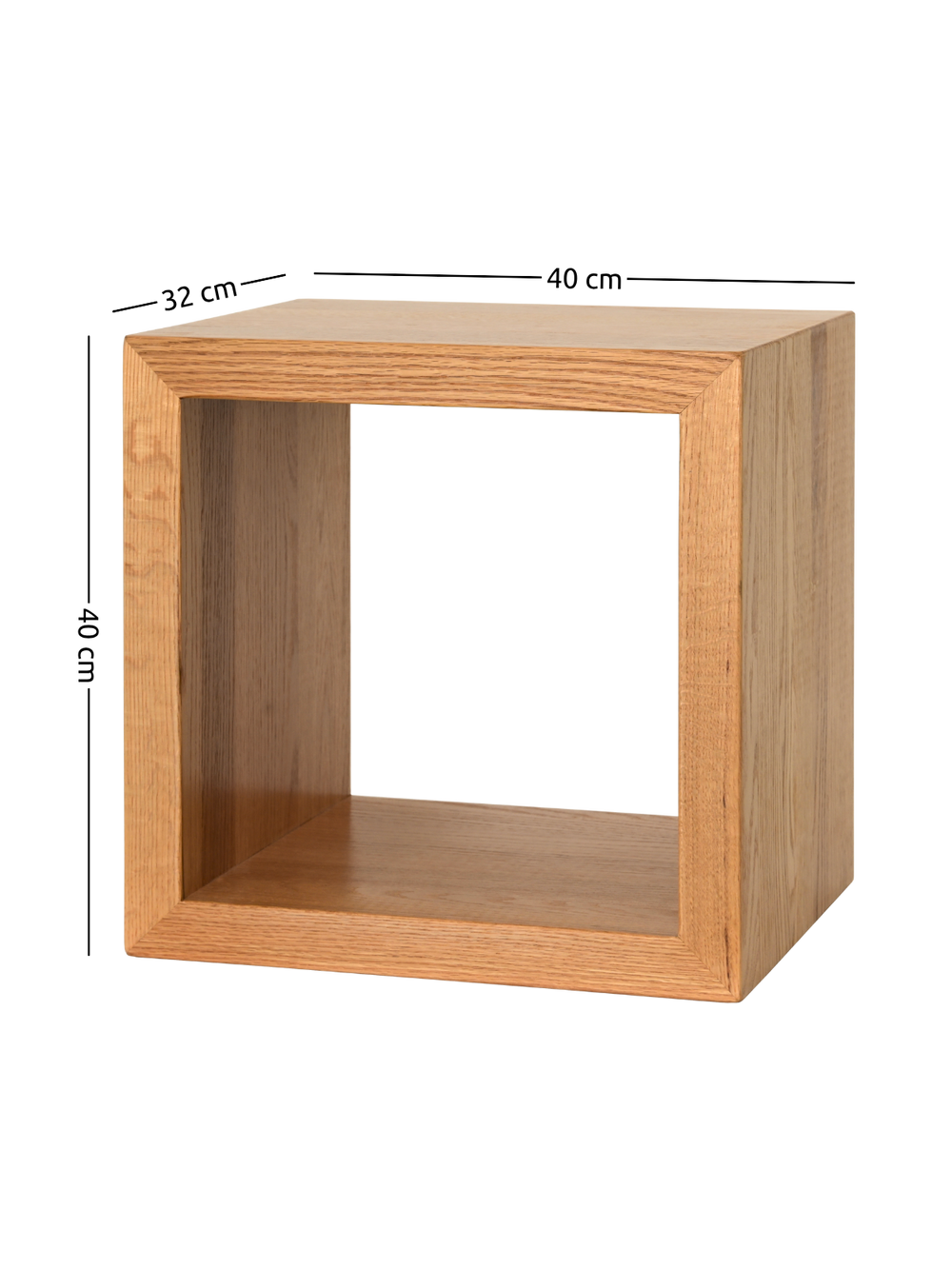 Maattekening van nachtkastje Cube van eiken, 40 cm breed, 32 cm diep en 40 cm hoog