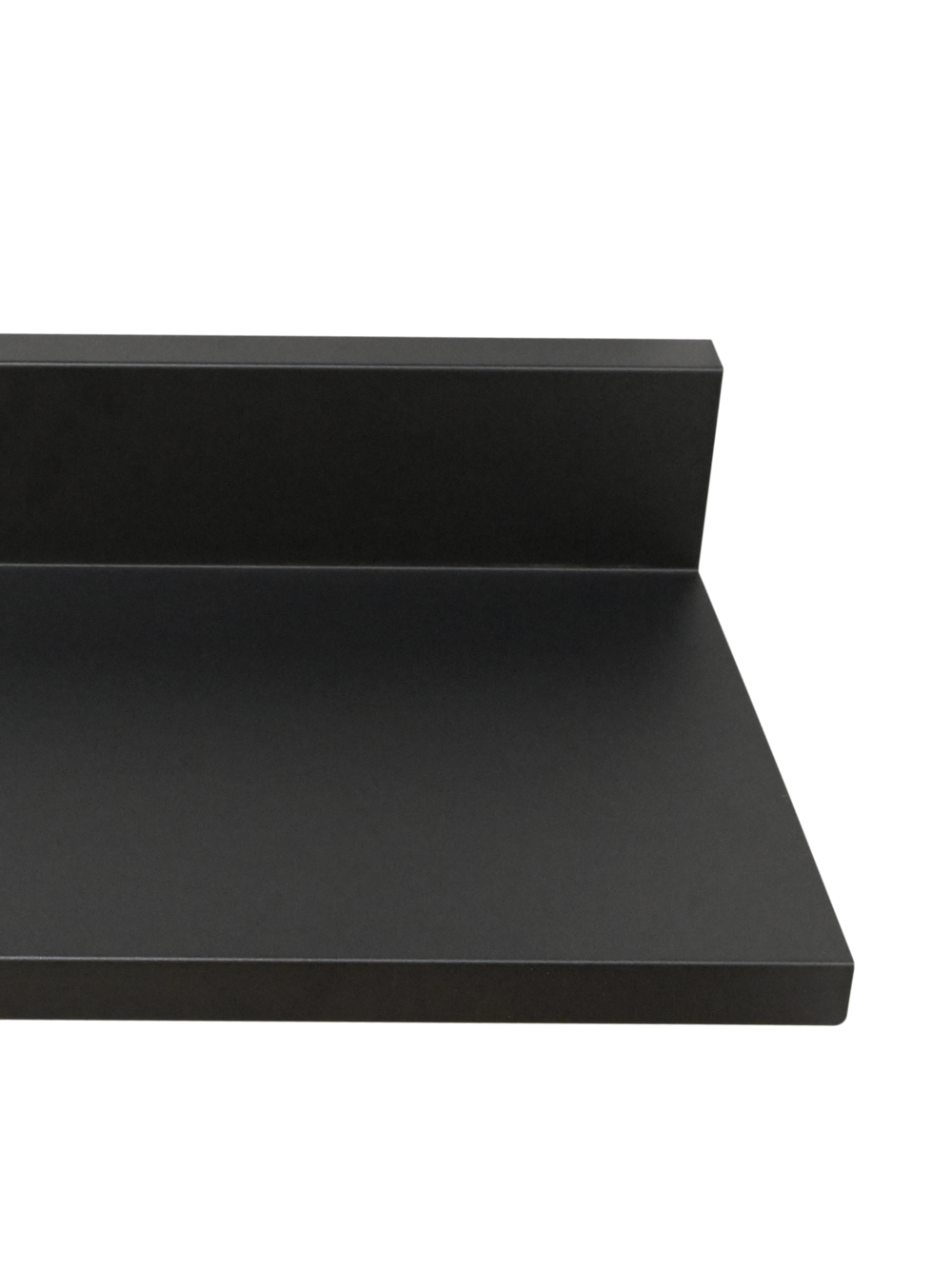 Detailweergave van het haaks profiel van de zwarte metalen legplank met matte poedercoating