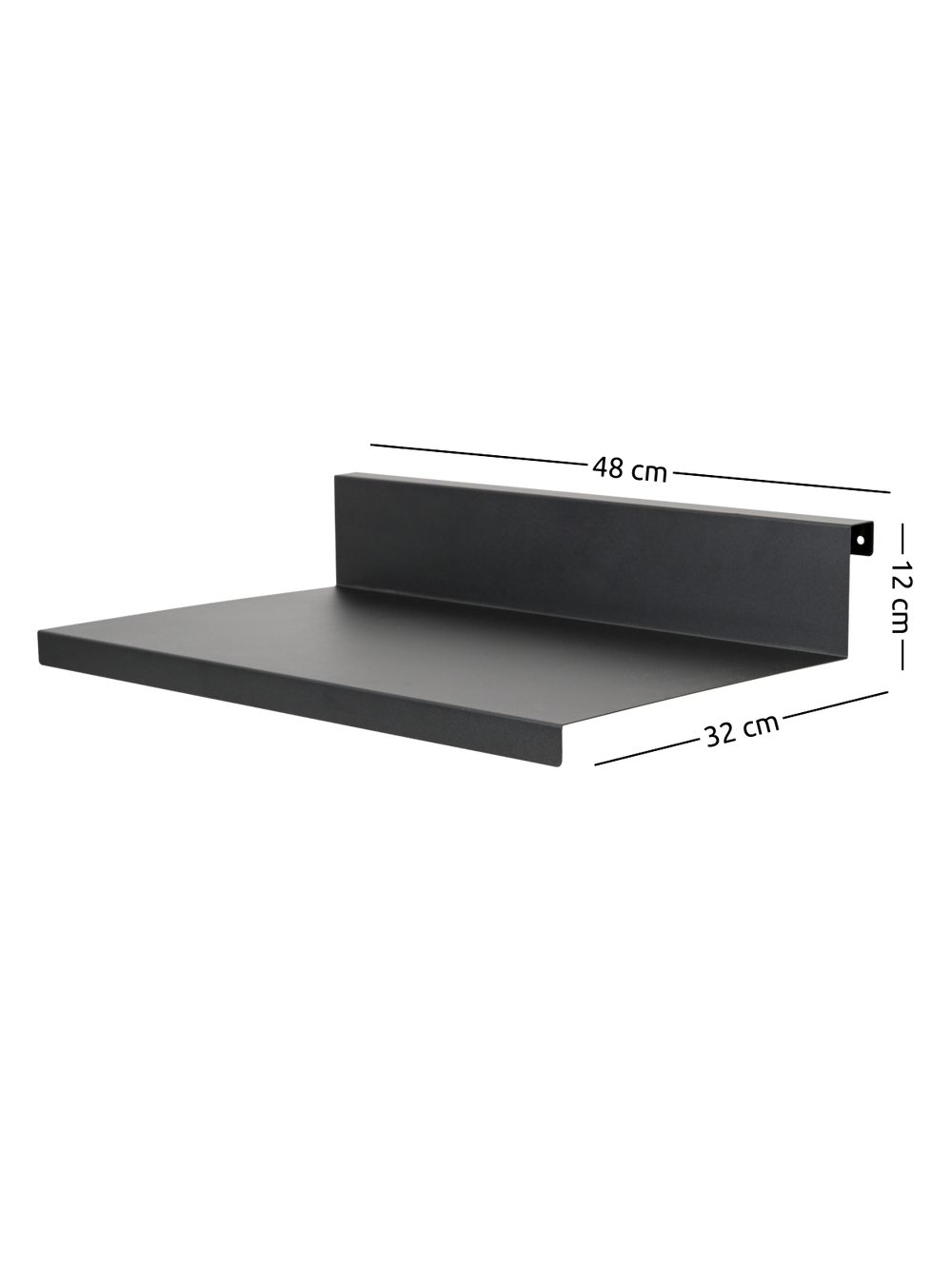 Maattekening van de zwarte metalen legplank, 48 cm breed, 32 cm diep en 12 cm hoog