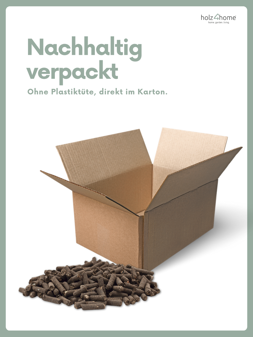 Natuurlijke mest van holz4home duurzaam verpakt in doos zonder plastic, met mestpellets ervoor