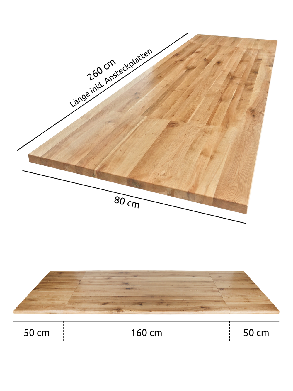 Eikenhouten tafelblad met rechte rand, maattekening 260 cm incl. verlengbladen (160 + 2x 50 cm), diepte 80 cm