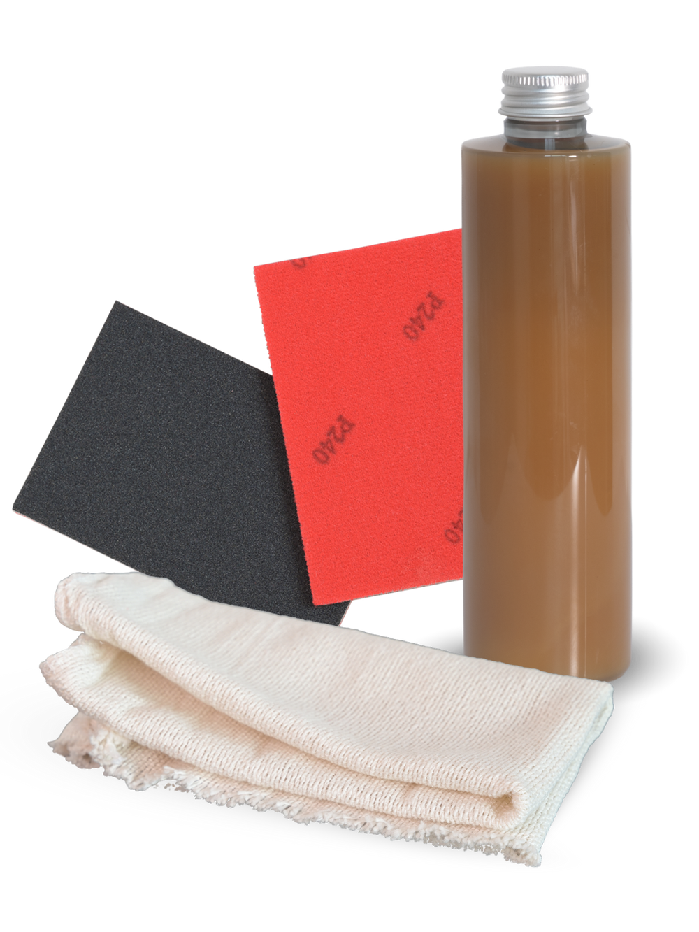 Onderhoudsset met fles onderhoudswas, twee schuurpads en katoenen doek voor houten meubels, vrijstaand getoond
