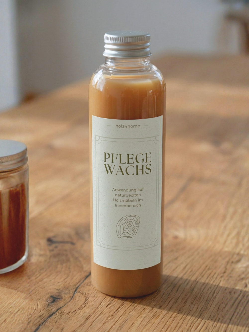 Fles onderhoudswas van holz4home voor natuurlijk geoliede houten meubels, staand op een eikenhouten tafel