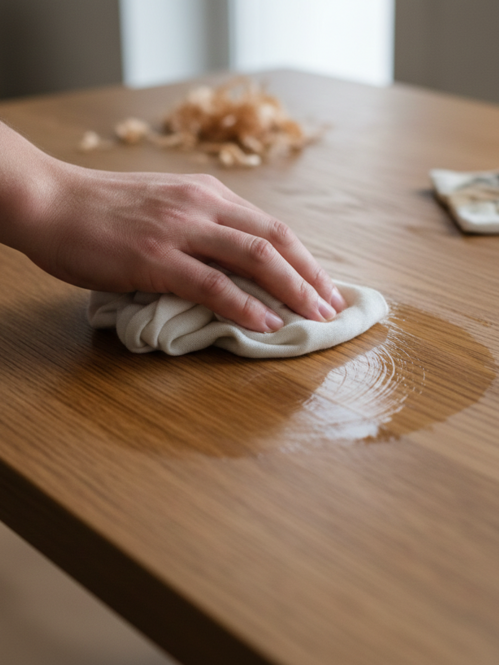 Hand brengt onderhoudswas aan met een katoenen doek op een geolied eiken tafelblad