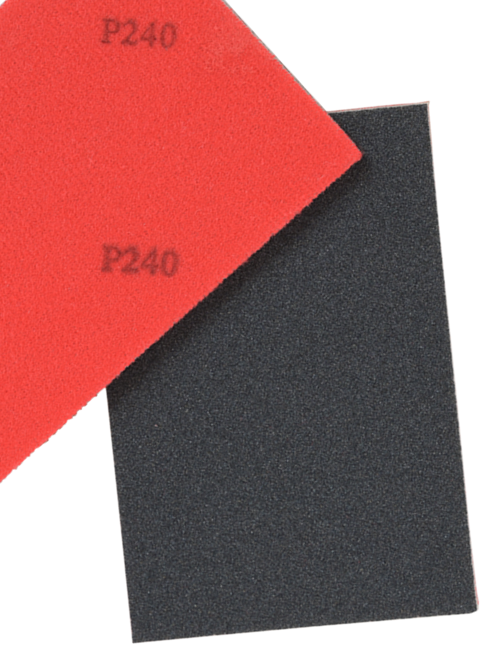Close-up van de twee schuursponzen met korrel P240 uit de onderhoudsset voor houten meubels