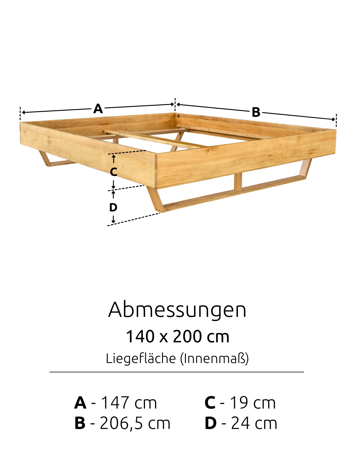 Maattekening van het massief houten bed Light van eiken met ligoppervlak 140 x 200 cm en frame 206,5 x 147 cm