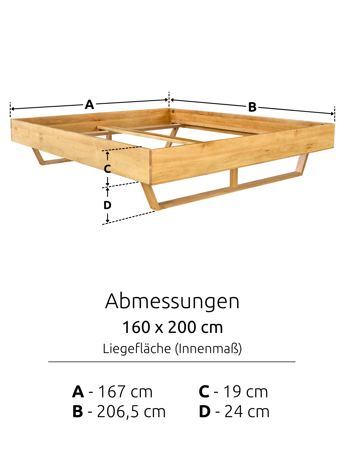 Maattekening van het massief houten bed Light van eiken met ligoppervlak 160 x 200 cm en frame 206,5 x 167 cm