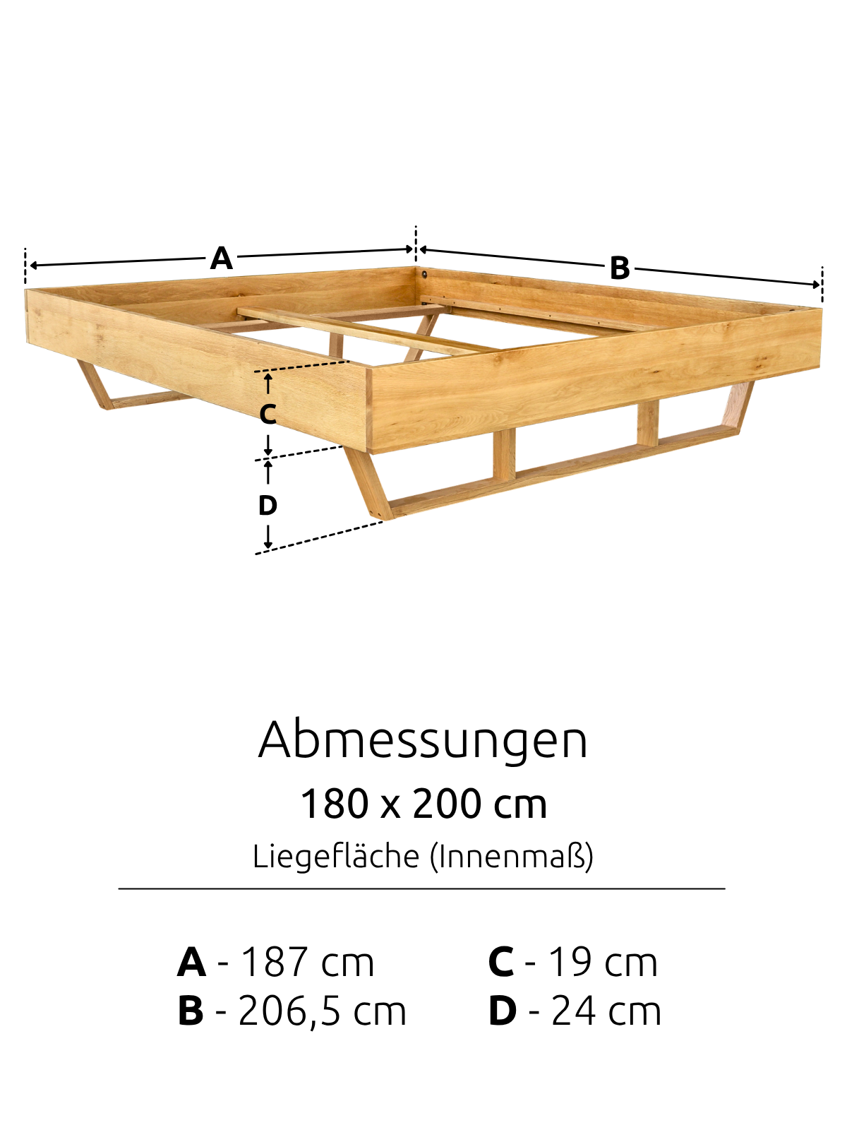 Maattekening van het massief houten bed Light van eiken met ligoppervlak 180 x 200 cm en frame 206,5 x 187 cm
