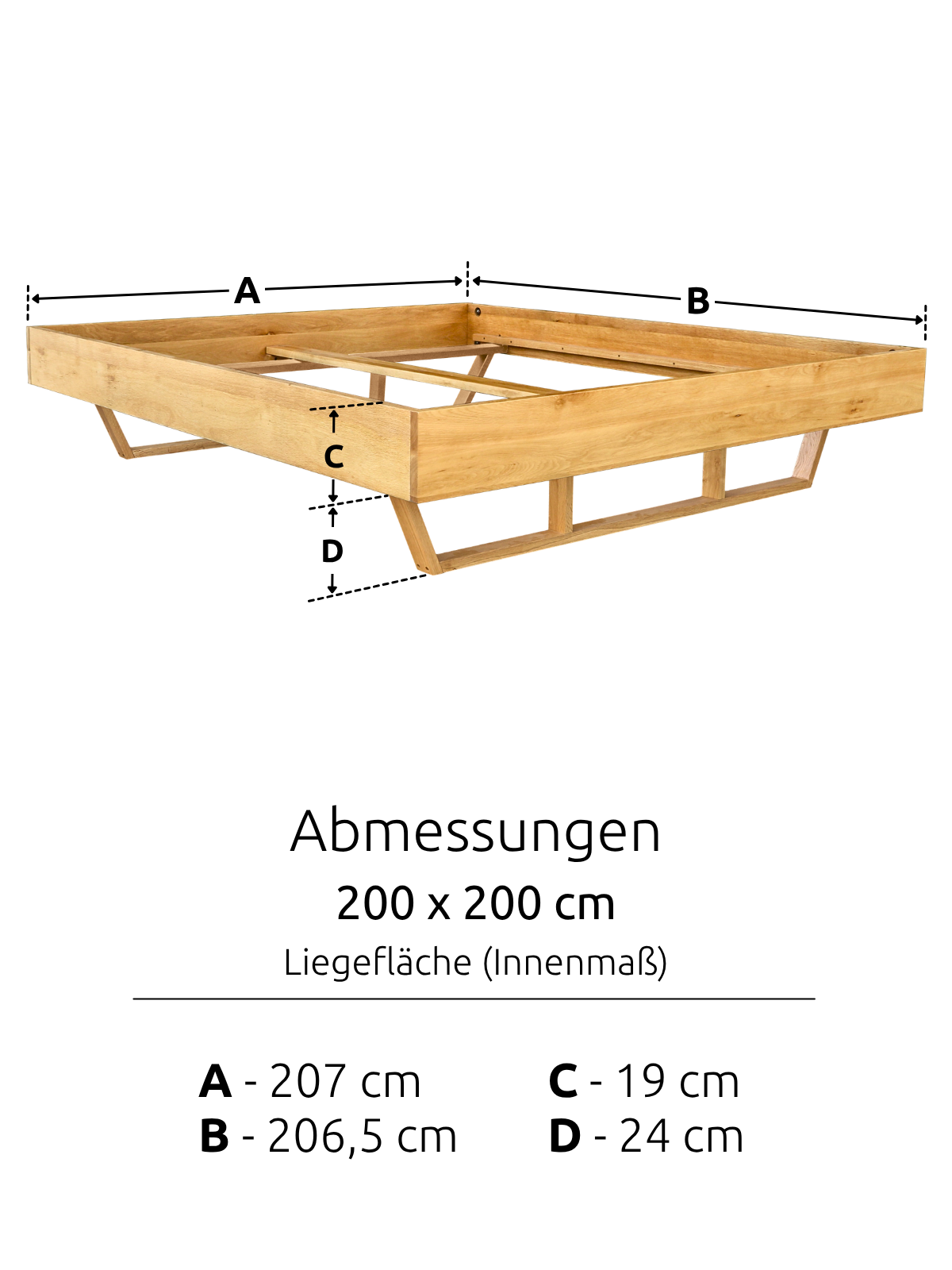 Maattekening van het massief houten bed Light van eiken met ligoppervlak 200 x 200 cm en frame 206,5 x 207 cm