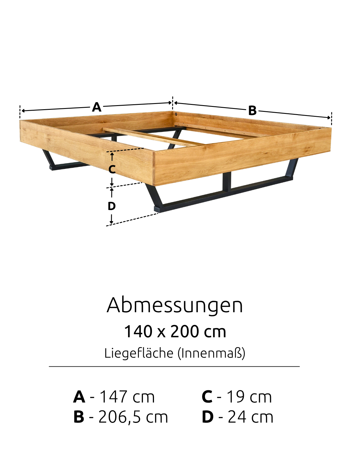 Maattekening van het massief houten bed Metall Light met ligoppervlak 140 x 200 cm en frame 206,5 x 147 cm