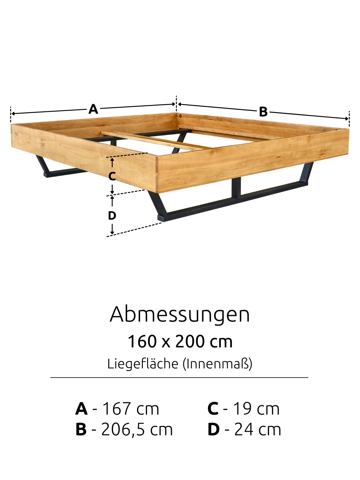 Maattekening van het massief houten bed Metall Light met ligoppervlak 160 x 200 cm en frame 206,5 x 167 cm