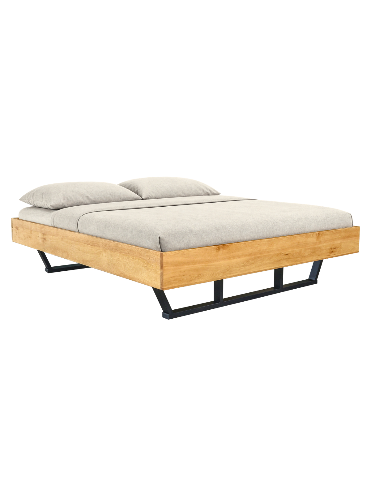 Massief houten bed Metall Light van eiken zonder hoofdbord met zwarte metalen sledepoten als tweepersoonsbed